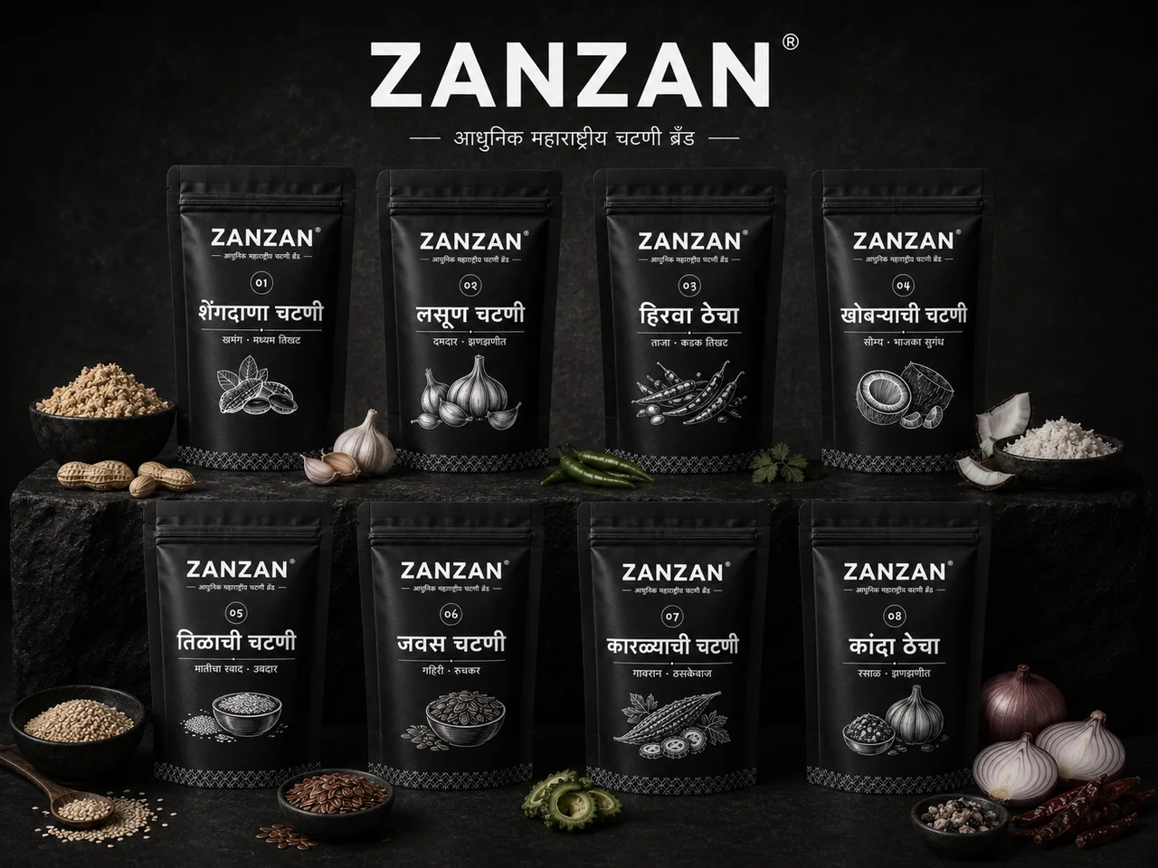 ZANZAN च्या आठ प्रीमियम महाराष्ट्रीय चटणी पाउचचा संपूर्ण संग्रह